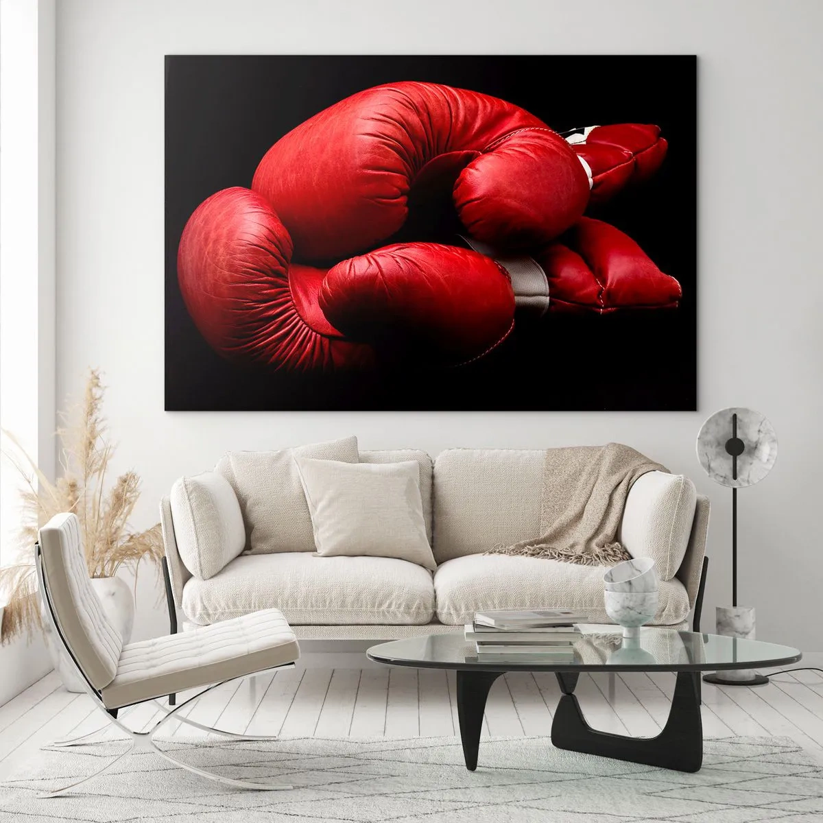 Cuadro sobre vidrio - Impresiones sobre Vidrio - Guantes de boxeo rojos sobre fondo negro - 70x50cm - La emoción del combate quedó atrás - Decoración de pared moderna para salón y dormitorio ARTTOR