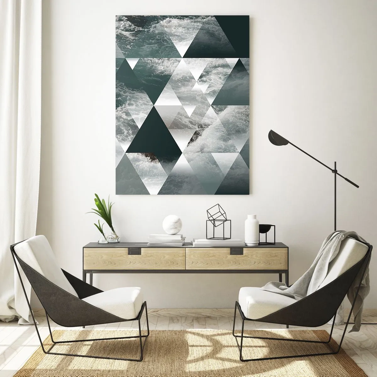 Cuadro sobre vidrio - Impresiones sobre Vidrio - Composición abstracta de triángulos con motivo de ondas de agua. - 50x70cm - Una perspectiva de cristal - Decoración de pared moderna para salón y dormitorio ARTTOR