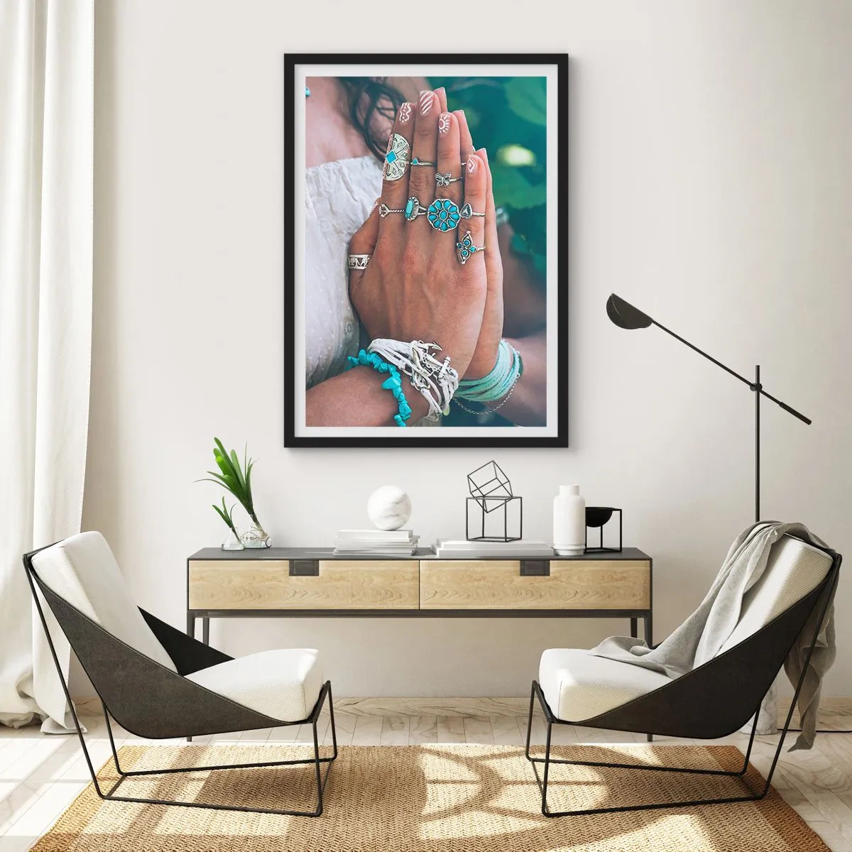Póster en marco negro - Manos decoradas con joyas de estilo boho - 50x70cm - Conocimiento interior - Decoración de pared moderna para salón y dormitorio ARTTOR