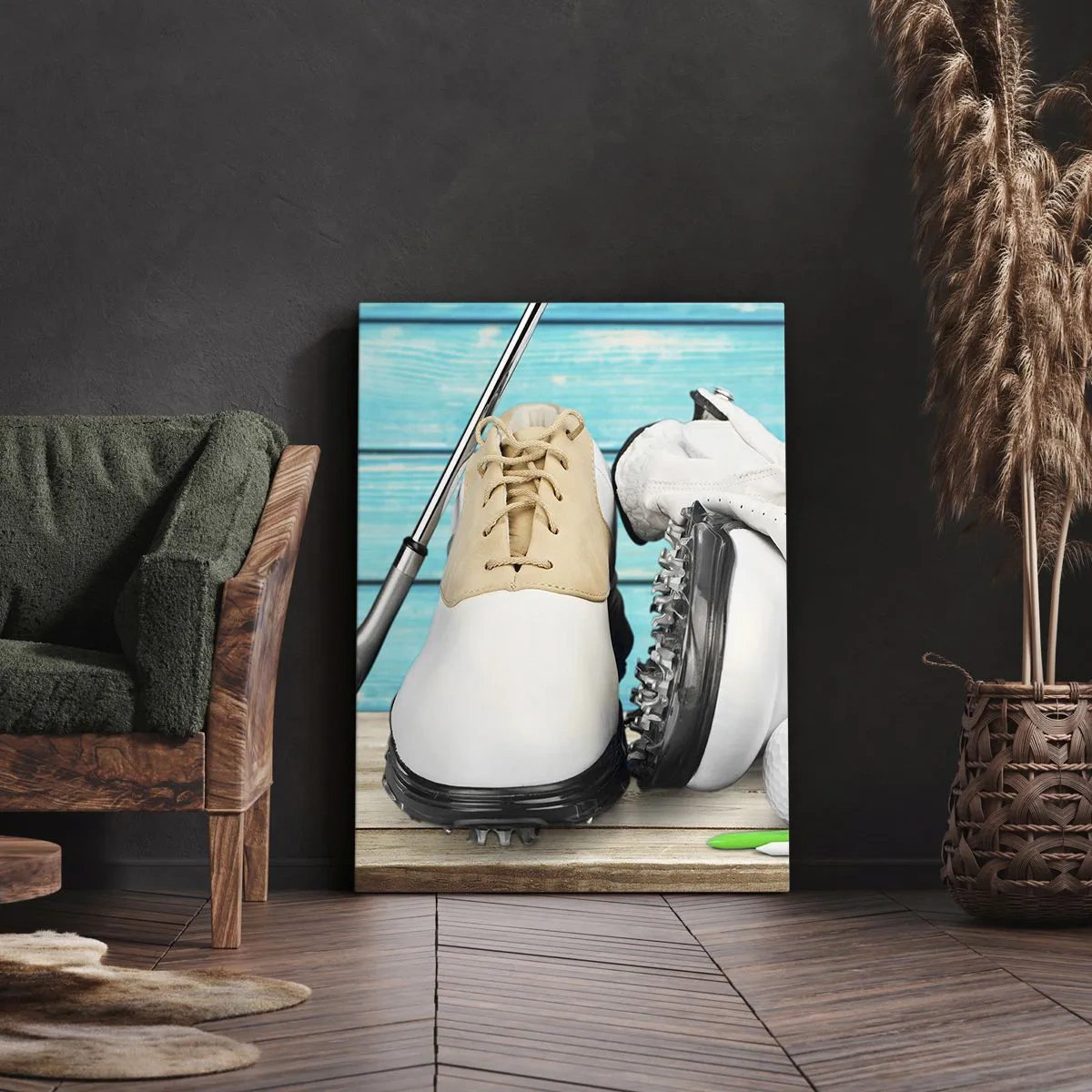 Cuadro sobre lienzo - Impresión de Imagen - Un conjunto de accesorios de golf sobre un fondo de madera. - 50x70cm - Todo listo - Decoración de pared moderna para salón y dormitorio ARTTOR