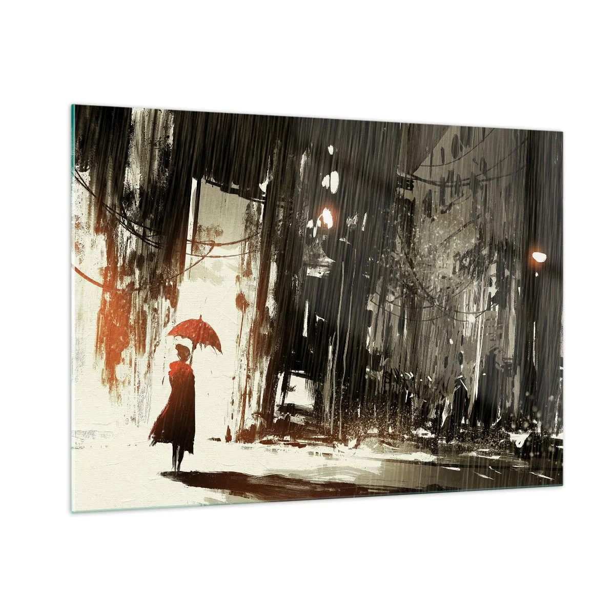 Cuadro sobre vidrio - Impresiones sobre Vidrio - Una persona con un paraguas rojo bajo la lluvia contra un fondo de ciudad oscura. - 100x70cm - Poesía de un paraguas rojo - Decoración de pared moderna para salón y dormitorio ARTTOR