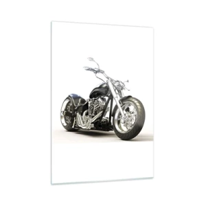 Cuadro sobre vidrio - Impresiones sobre Vidrio - Una motocicleta chopper negra sobre un fondo claro. - 50x70cm - Una fuerza con carácter - Decoración de pared moderna para salón y dormitorio ARTTOR