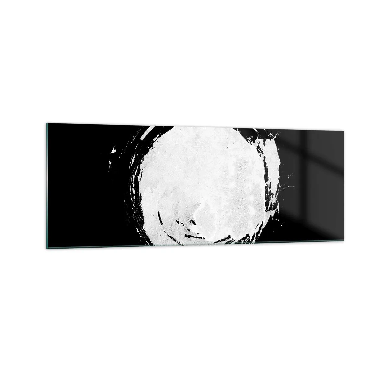 Cuadro sobre vidrio - Impresiones sobre Vidrio - Un círculo blanco sobre un fondo negro en estilo minimalista. - 140x50cm - La buena salida - Decoración de pared moderna para salón y dormitorio ARTTOR