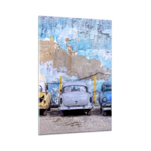 Cuadro sobre vidrio - Impresiones sobre Vidrio - Coches antiguos con un muro destruido como telón de fondo - 80x120cm - Reunión de veteranos - Decoración de pared moderna para salón y dormitorio ARTTOR