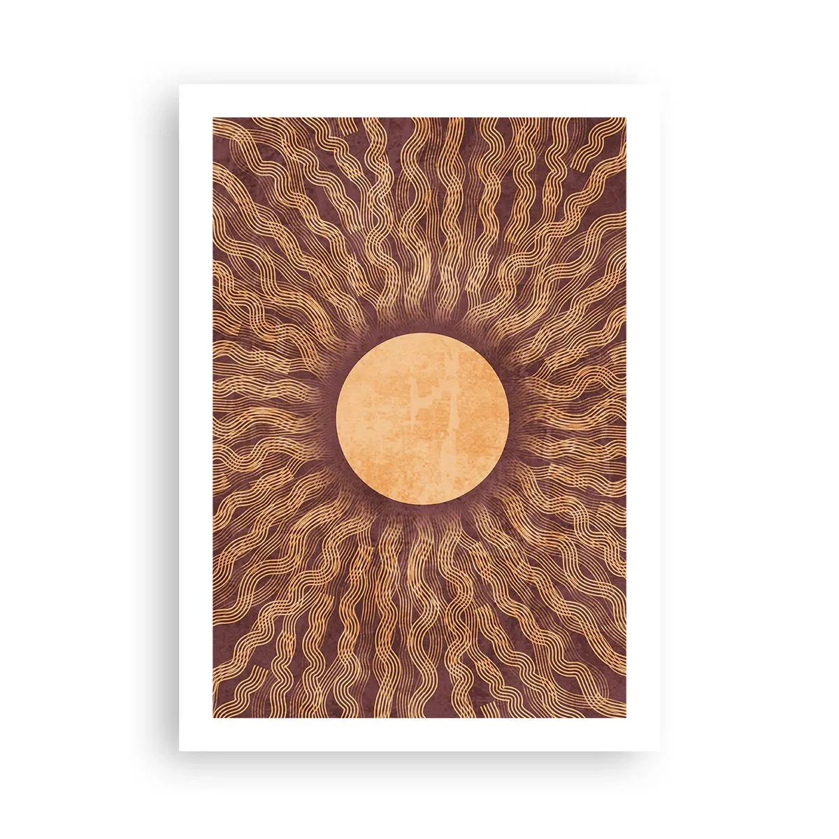 Póster - Sol estilizado con rayos en tonos dorados y marrones. - 50x70cm - Icono del sol - Decoración de pared moderna para salón y dormitorio ARTTOR