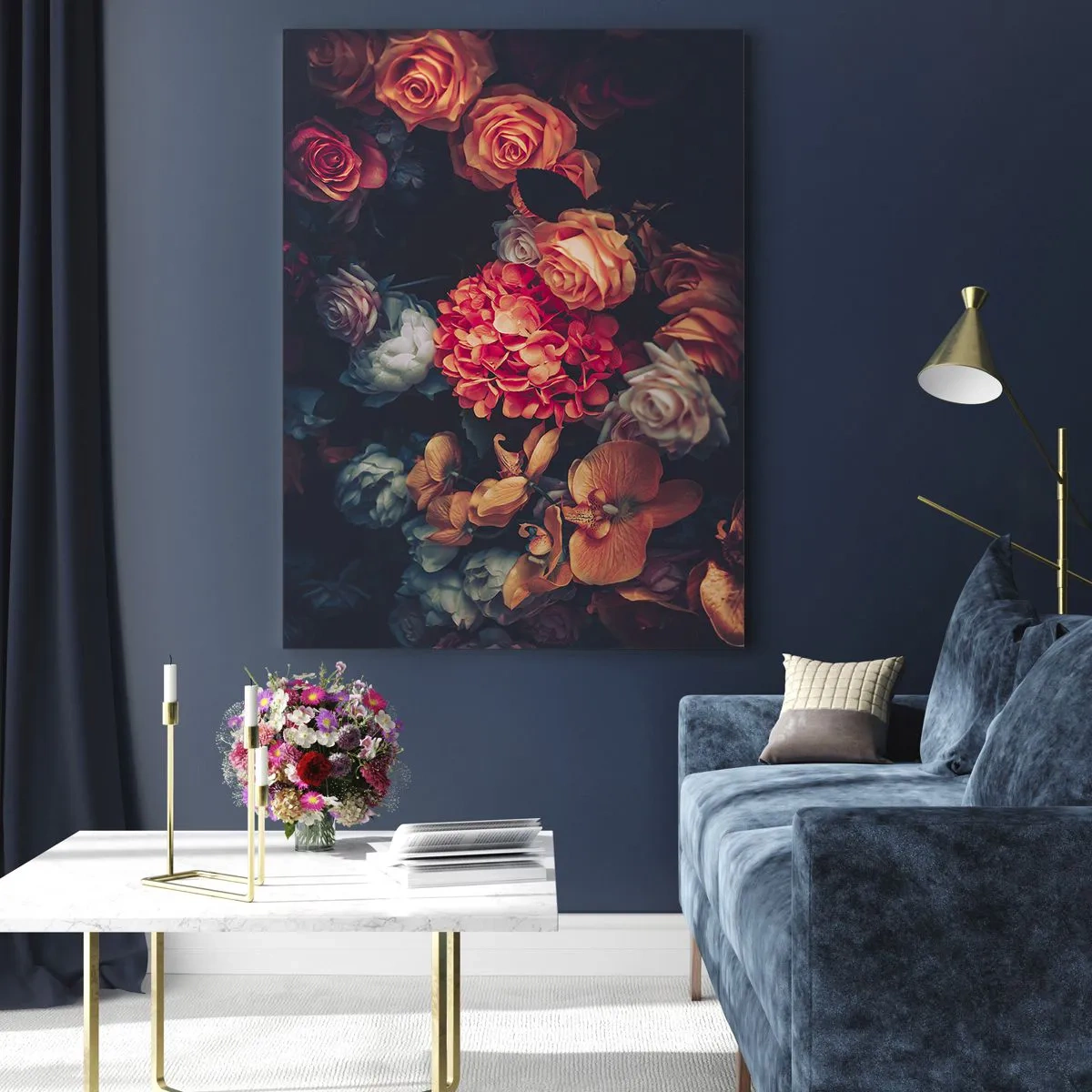 Cuadro sobre vidrio - Impresiones sobre Vidrio - Arreglo floral oscuro con rosas y orquídeas. - 50x70cm - Como los maestros holandeses - Decoración de pared moderna para salón y dormitorio ARTTOR