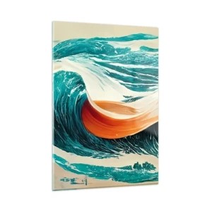 Cuadro sobre vidrio - Impresiones sobre Vidrio - Ondas turquesas con una cinta naranja en un estilo surrealista. - 50x70cm - El sueño de un surfista - Decoración de pared moderna para salón y dormitorio ARTTOR
