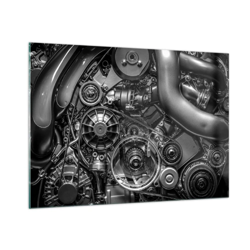 Cuadro sobre vidrio - Impresiones sobre Vidrio - Detalle de un motor en blanco y negro con mecanismos visibles. - 100x70cm - La poesía de la mecánica - Decoración de pared moderna para salón y dormitorio ARTTOR