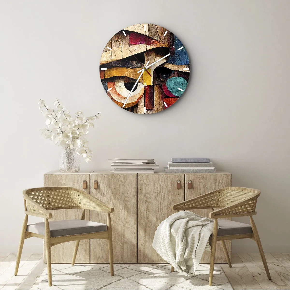 Reloj de pared - Reloj de vidrio - Cara colorida en estilo de mosaico de madera hecho con formas geométricas. - 30x30cm - Te veo... - Decoración de pared moderna para salón, cocina y dormitorio ARTTOR