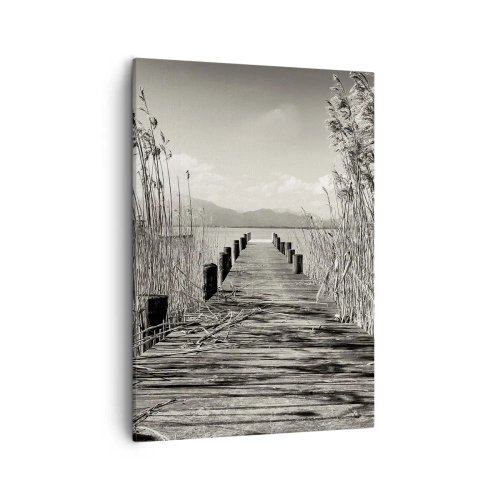 Cuadro sobre lienzo - Impresión de Imagen - Un embarcadero de madera entre hierbas altas sobre un lago de tonos sepia. - 50x70cm - En la quietud de los juncos - Decoración de pared moderna para salón y dormitorio ARTTOR
