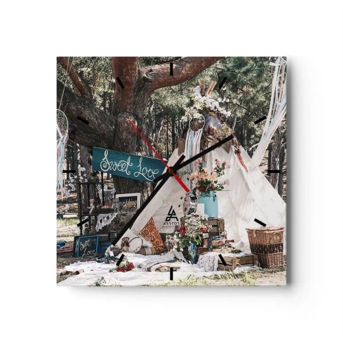 Reloj de pared - Reloj de vidrio - Decoración boho con un tipi en el bosque - 30x30cm - Amor exótico - Decoración de pared moderna para salón y dormitorio ARTTOR