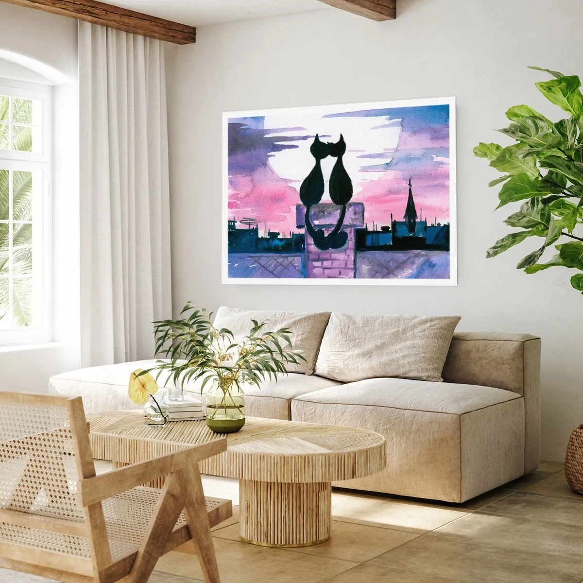 Póster - Gatos negros en un tejado a la luz de la luna en un entorno de acuarela - 100x70cm - Cita bajo la luna - Decoración de pared moderna para salón y dormitorio ARTTOR