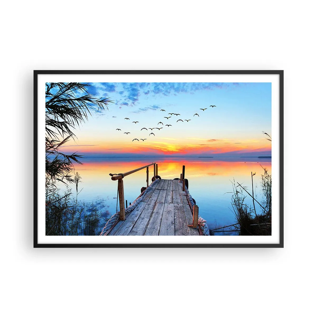 Póster en marco negro - Muelle de madera sobre el lago al atardecer - 100x70cm - Es hora de volver... - Decoración de pared moderna para salón y dormitorio ARTTOR