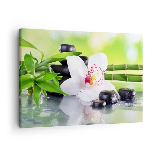 Cuadro sobre lienzo - Impresión de Imagen - Orquídea, piedras y bambú en una armoniosa composición de spa. - 70x50cm - Frescura - Decoración de pared moderna para salón y dormitorio ARTTOR