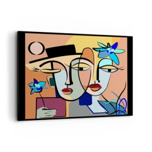 Cuadro sobre lienzo - Impresión de Imagen - Retratos cubistas en colores vibrantes con motivo floral. - 100x70cm - Randez vous de Picasso - Decoración de pared moderna para salón y dormitorio ARTTOR