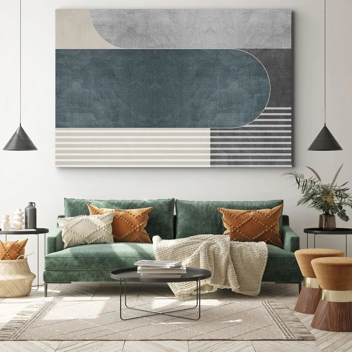 Cuadro sobre lienzo - Impresión de Imagen - Abstracción geométrica en tonos grises y verdes. - 70x50cm - Composición horizontal - Decoración de pared moderna para salón y dormitorio ARTTOR