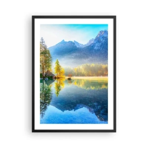 Póster en marco negro - Un lago de montaña rodeado de bosques y picos reflejados en el agua. - 50x70cm - Majestuosidad y dulzura - Decoración de pared moderna para salón y dormitorio ARTTOR
