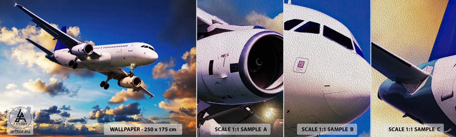 Muestra de fotomural Premium Sand - Un viaje en blanco y azul - Avión, Viaje, Cielo con nubes - 100x30 cm