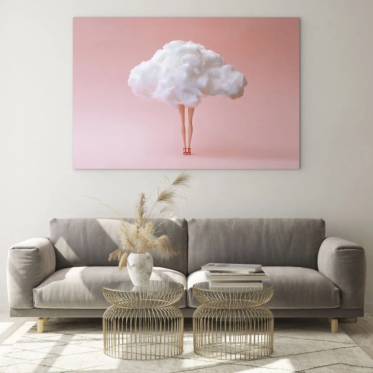 Cuadro sobre vidrio - Impresiones sobre Vidrio - Figura de una mujer con una nube en lugar de un vestido sobre un fondo rosa pastel. - 120x80cm - Dulce promesa - Decoración de pared moderna para salón y dormitorio ARTTOR
