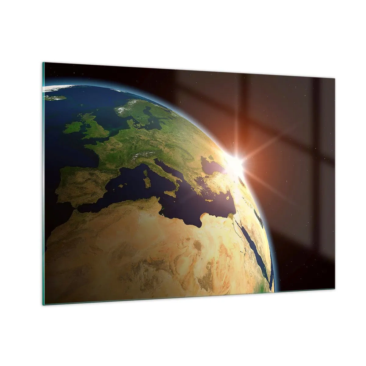 Cuadro sobre vidrio - Impresiones sobre Vidrio - La Tierra iluminada por el sol naciente desde el espacio - 100x70cm - Amanecer - Decoración de pared moderna para salón y dormitorio ARTTOR