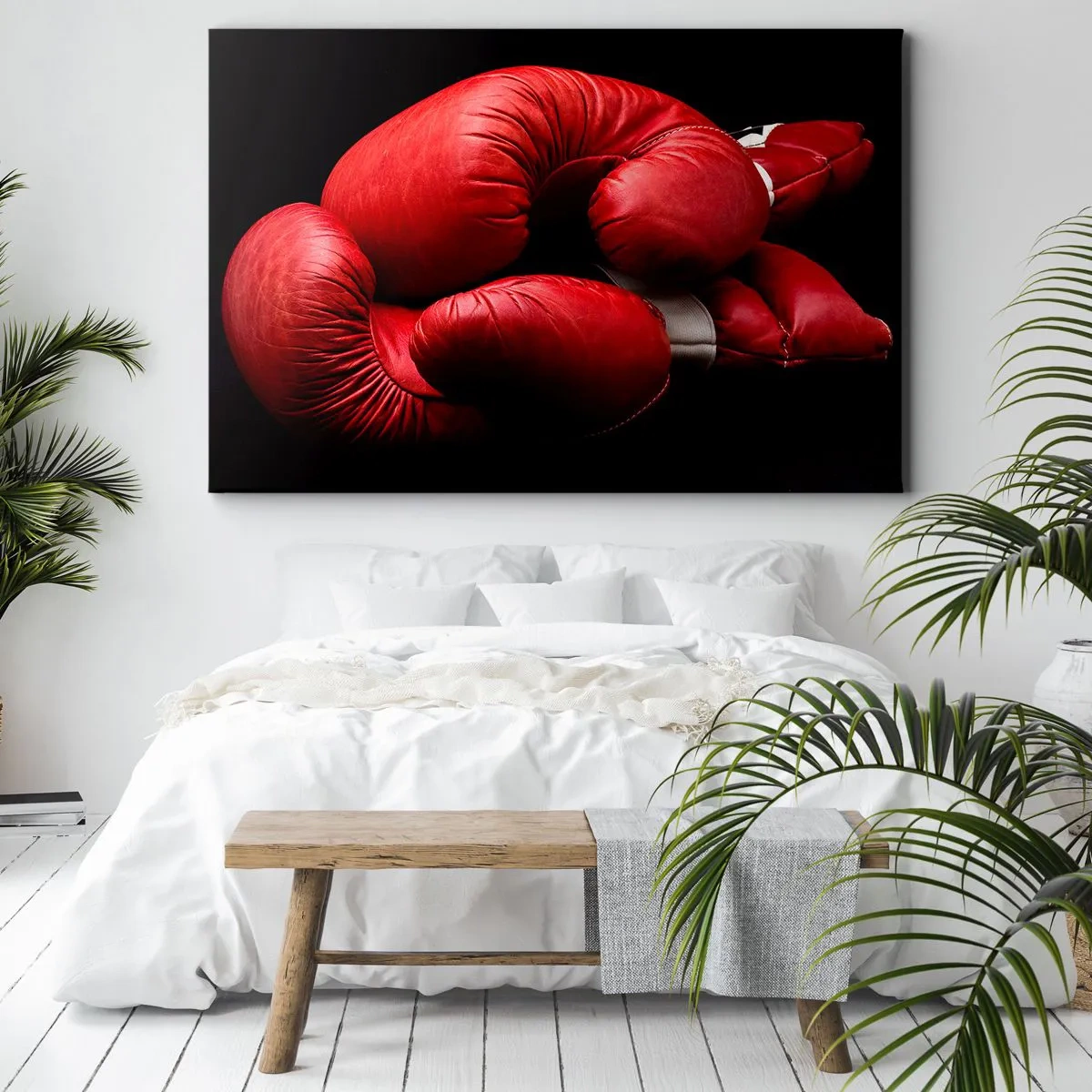 Cuadro sobre lienzo - Impresión de Imagen - Guantes de boxeo rojos sobre fondo negro - 100x70cm - La emoción del combate quedó atrás - Decoración de pared moderna para salón y dormitorio ARTTOR