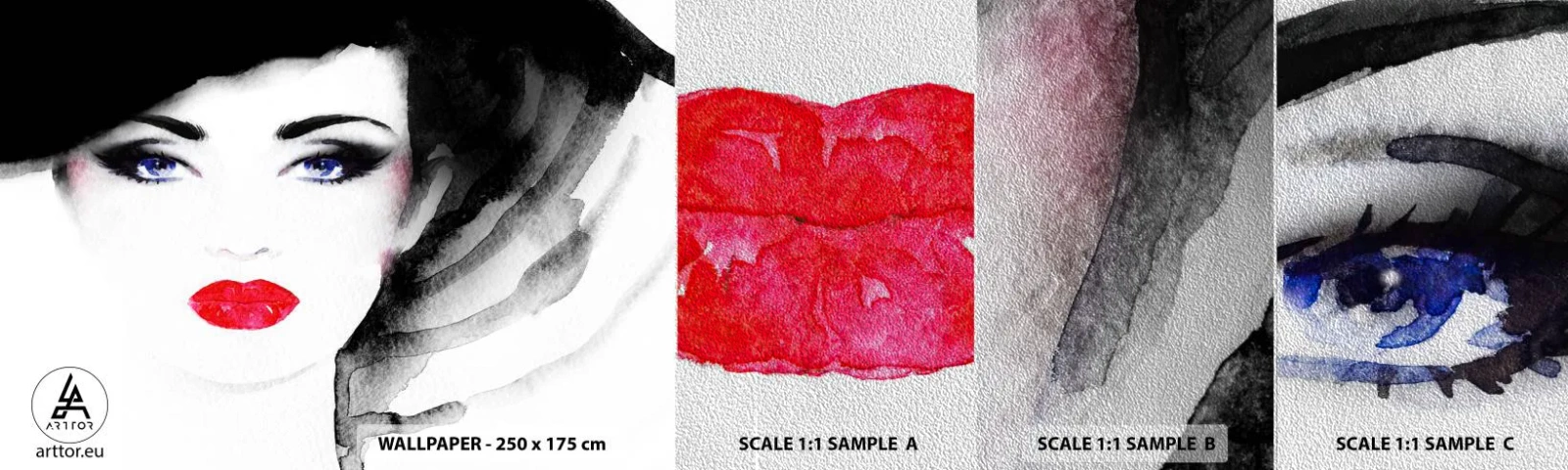 Muestra de fotomural Premium Sand - Lenguaje no verbal - cara de mujer, labios rojos, Ojos azules - 100x30 cm