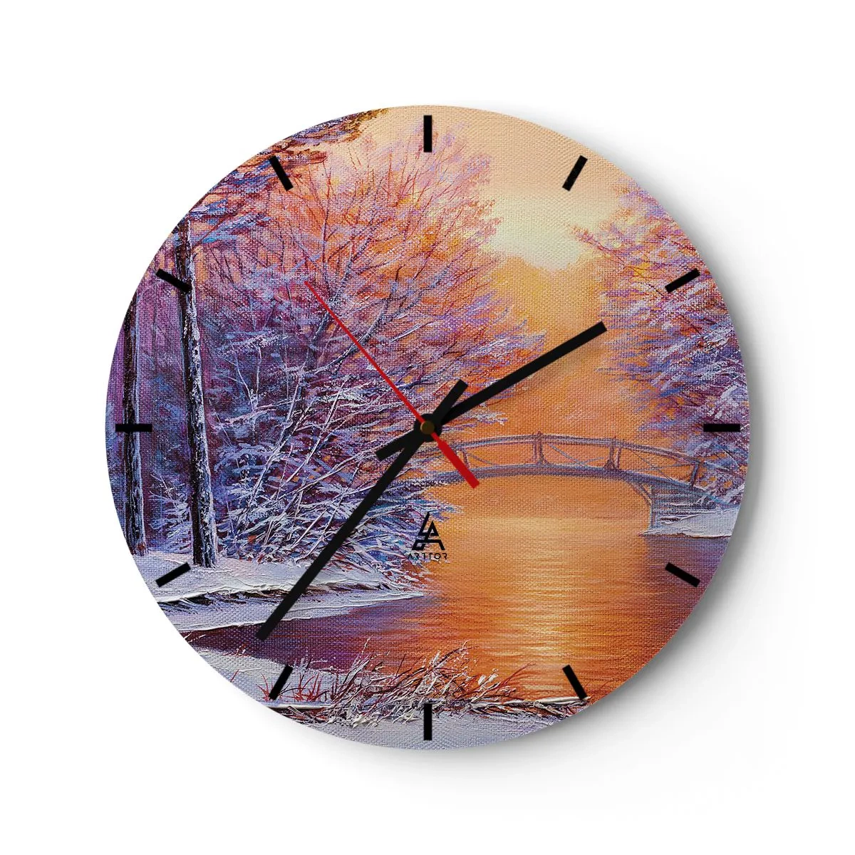 Reloj de pared - Reloj de vidrio - Paisaje invernal con un puente sobre un río, árboles y nieve. - 30x30cm - Reunámonos aquí - Decoración de pared moderna para salón, cocina y dormitorio ARTTOR