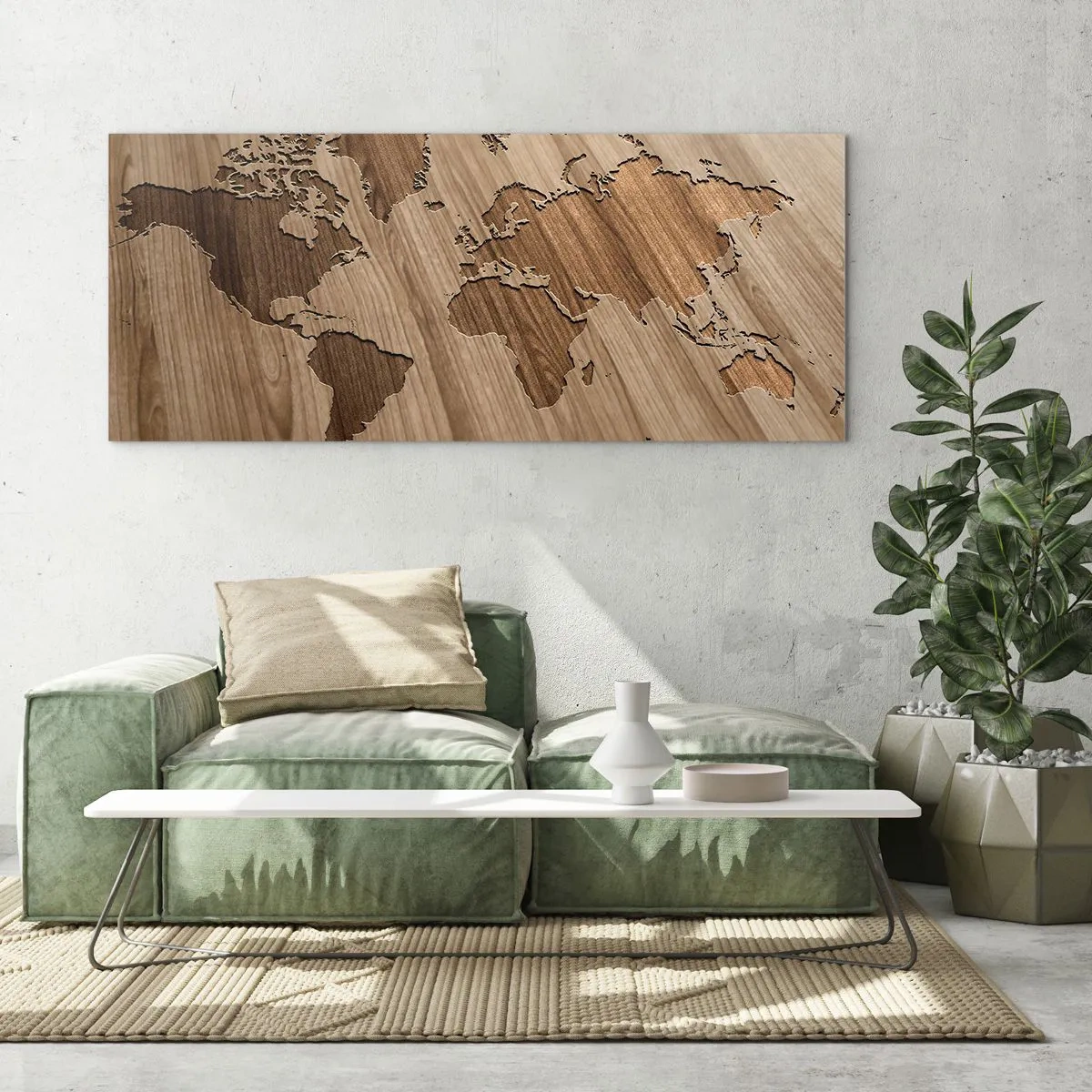Cuadro sobre vidrio - Impresiones sobre Vidrio - Un mapa del mundo recortado sobre una superficie de madera. - 120x50cm - El mundo servido en la mesa - Decoración de pared moderna para salón y dormitorio ARTTOR