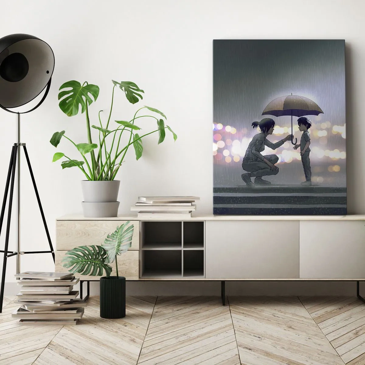 Cuadro sobre lienzo - Impresión de Imagen - Una figura con un paraguas protegiendo a un niño contra el fondo de luces nocturnas. - 50x70cm - Y todo está bien - Decoración de pared moderna para salón y dormitorio ARTTOR