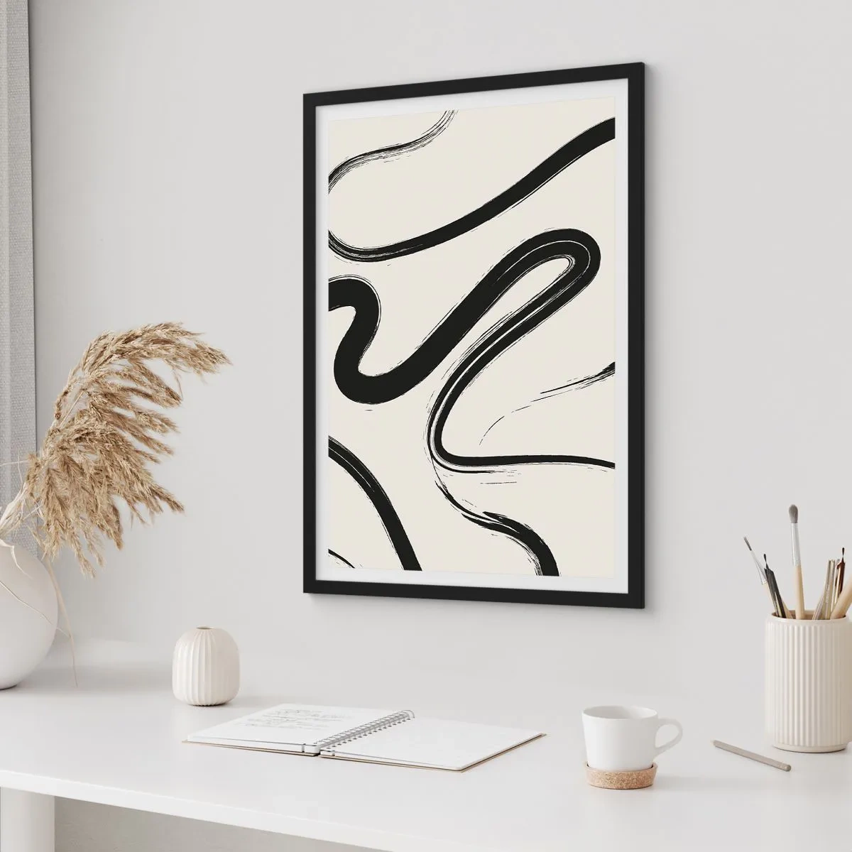 Póster en marco negro - Líneas negras abstractas sobre un fondo claro - 50x70cm - Fantasía en blanco y negro - Decoración de pared moderna para salón y dormitorio ARTTOR