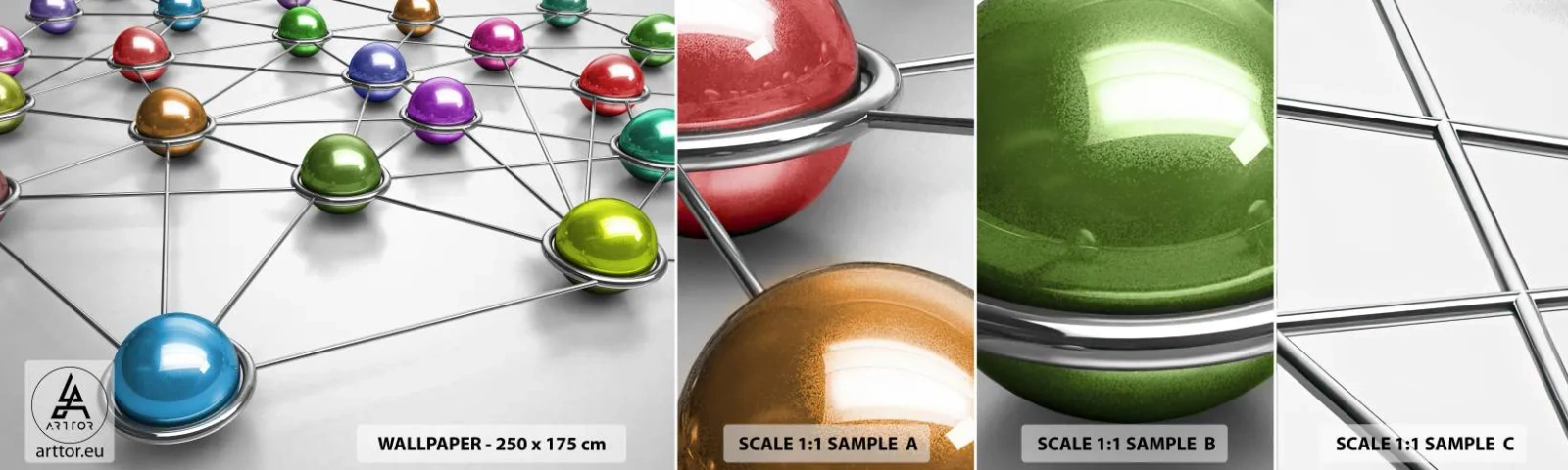 Muestra de fotomural autoadhesivo Deluxe Sticker - Una red cósmica - Abstracción, bolas de metal, 3D - 100x30 cm