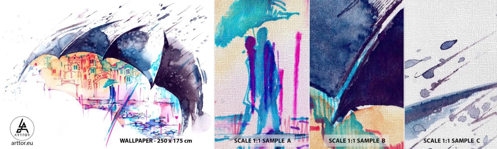 Muestra de fotomural Premium Canvas - Caminando bajo la lluvia - Abstracción, Paraguas, Arquitectura - 100x30 cm