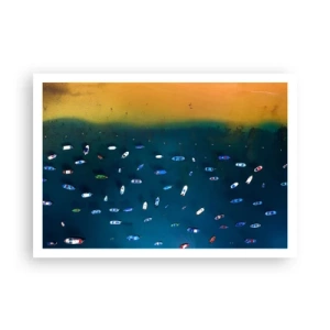 Póster - Vista aérea de barcos en el agua y una orilla arenosa. - 100x70cm - Un juego de vacaciones - Decoración de pared moderna para salón y dormitorio ARTTOR
