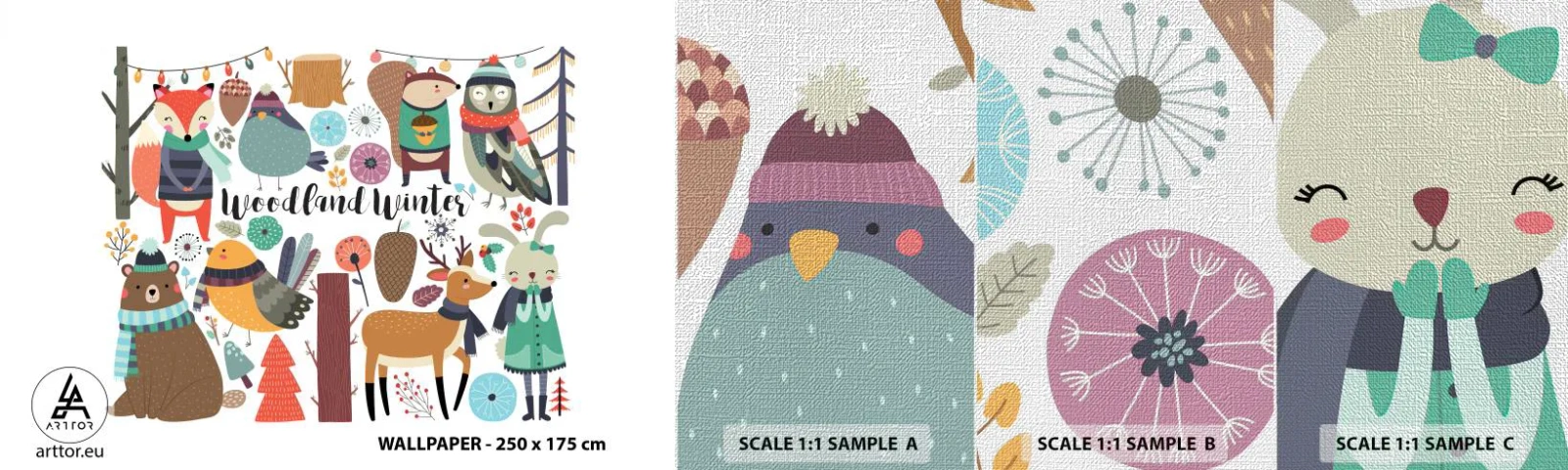 Muestra de fotomural Premium Canvas - Una Navidad de cuento en el bosque - Para niños, invierno en el bosque, animales - 100x30 cm