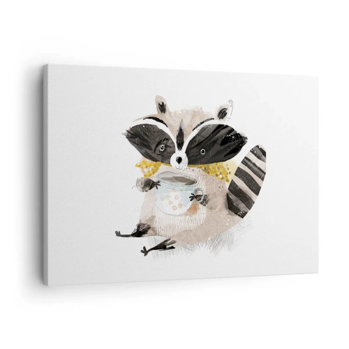 Cuadro sobre lienzo - Impresión de Imagen - Adorable mapache sosteniendo una taza de color pastel - 70x50cm - Mi amigo mapache - Decoración de pared moderna para salón y dormitorio ARTTOR