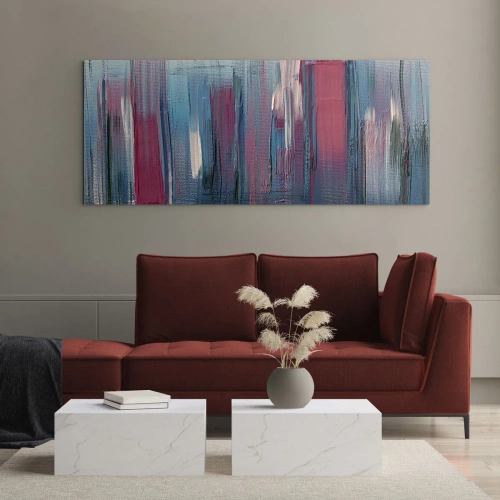 Cuadro sobre vidrio - Impresiones sobre Vidrio - Formas verticales abstractas en tonos azules y rojos. - 120x50cm - Composición vertical en azul y rojo - Decoración de pared moderna para salón y dormitorio ARTTOR