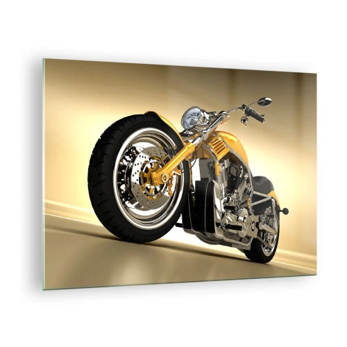 Cuadro sobre vidrio - Impresiones sobre Vidrio - Una motocicleta personalizada dorada sobre un fondo claro. - 70x50cm - Un sueño de fuerza y velocidad - Decoración de pared moderna para salón y dormitorio ARTTOR