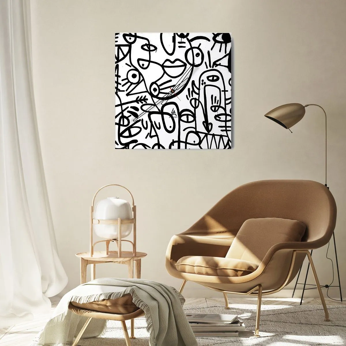 Reloj de pared - Reloj de vidrio - Dibujos abstractos en blanco y negro con motivos faciales. - 30x30cm - Rostros y espejismos - Decoración de pared moderna para salón y dormitorio ARTTOR