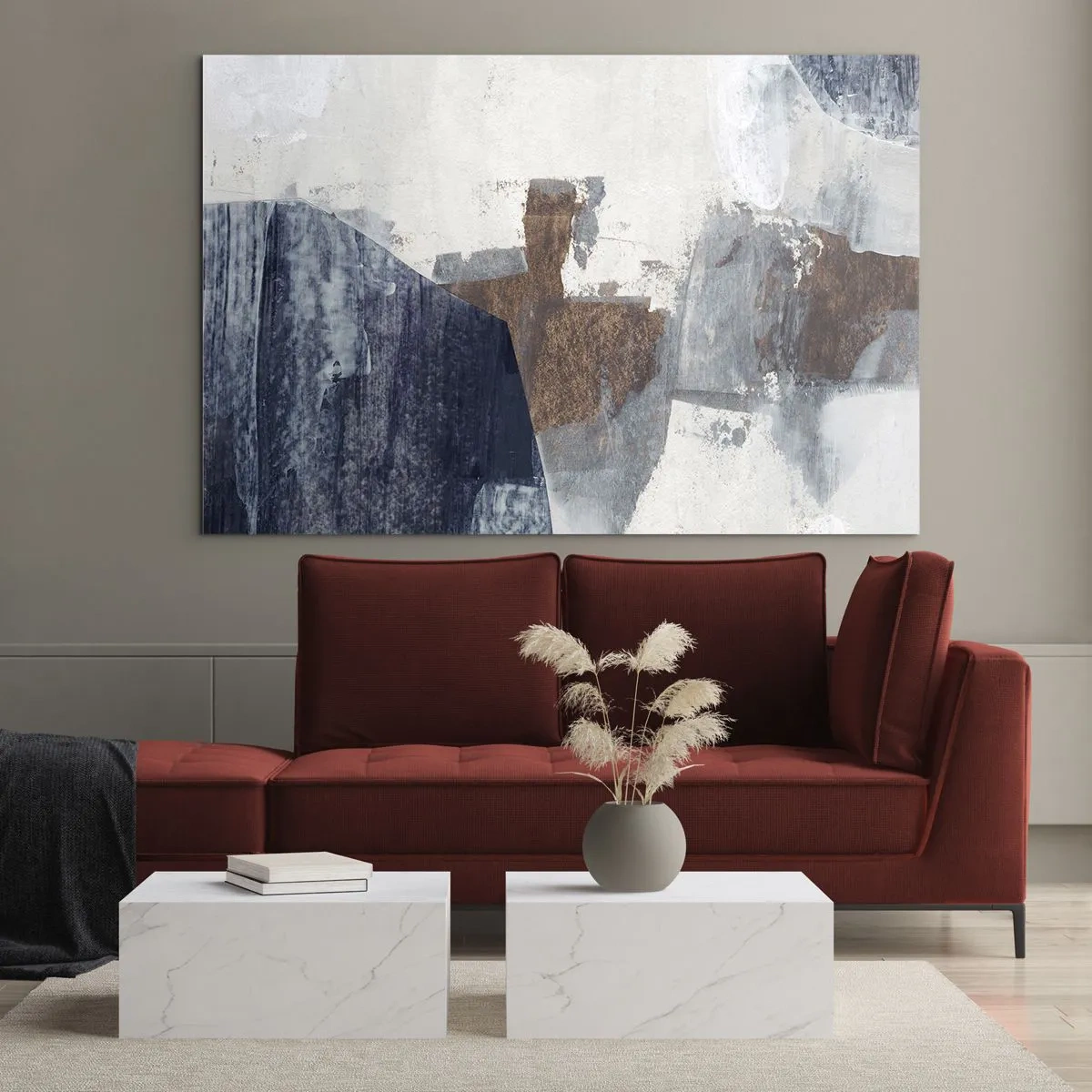 Cuadro sobre vidrio - Impresiones sobre Vidrio - Formas geométricas en azul, marrón y blanco. - 70x50cm - Formas azules y marrones - Decoración de pared moderna para salón y dormitorio ARTTOR