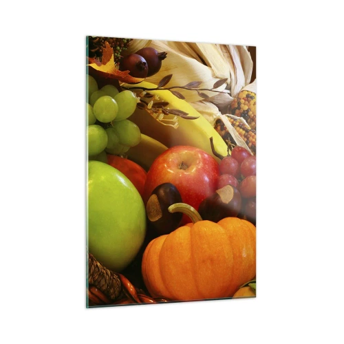 Cuadro sobre vidrio - Impresiones sobre Vidrio - Una cesta llena de frutas y verduras en un arreglo otoñal. - 50x70cm - Cesta de la cosecha - Decoración de pared moderna para salón y dormitorio ARTTOR