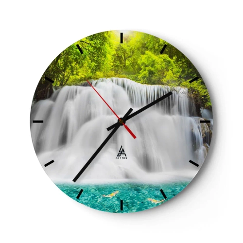 Reloj de pared - Reloj de vidrio - Una cascada rodeada de vegetación con agua turquesa en la base. - 30x30cm - Cascada espumosa, de verde a azul - Decoración de pared moderna para salón, cocina y dormitorio ARTTOR