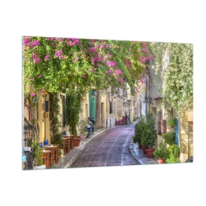 Cuadro sobre vidrio - Impresiones sobre Vidrio - Una calle encantadora con árboles en flor. - 120x80cm - Un callejón floreciente - Decoración de pared moderna para salón y dormitorio ARTTOR