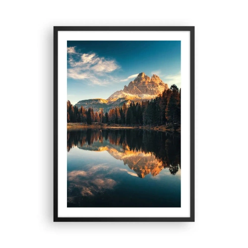 Póster en marco negro - Un pico de montaña reflejado en un lago tranquilo. - 50x70cm - Paisaje duplicado - Decoración de pared moderna para salón y dormitorio ARTTOR