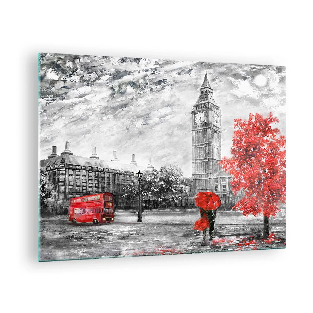 Cuadro sobre vidrio - Impresiones sobre Vidrio - El Big Ben con un autobús rojo y un paraguas sobre un fondo de árboles otoñales - 70x50cm - Un día emocionante - Decoración de pared moderna para salón y dormitorio ARTTOR