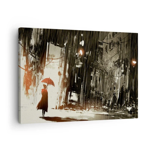 Cuadro sobre lienzo - Impresión de Imagen - Una figura roja con un paraguas en una escena lluviosa. - 70x50cm - Poesía de un paraguas rojo - Decoración de pared moderna para salón y dormitorio ARTTOR