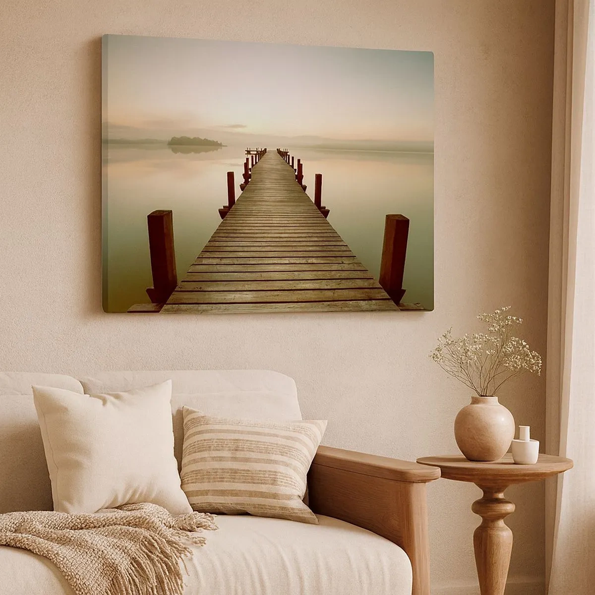 Cuadro sobre lienzo - Impresión de Imagen - Un embarcadero de madera en un lago tranquilo por la mañana. - 70x50cm - Antes del amanecer, al amanecer, la luz - Decoración de pared moderna para salón y dormitorio ARTTOR