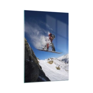 Cuadro sobre vidrio - Impresiones sobre Vidrio - Un snowboarder salta desde una roca frente a un paisaje montañoso. - 70x100cm - Y te convertiste en parte del lugar - Decoración de pared moderna para salón y dormitorio ARTTOR