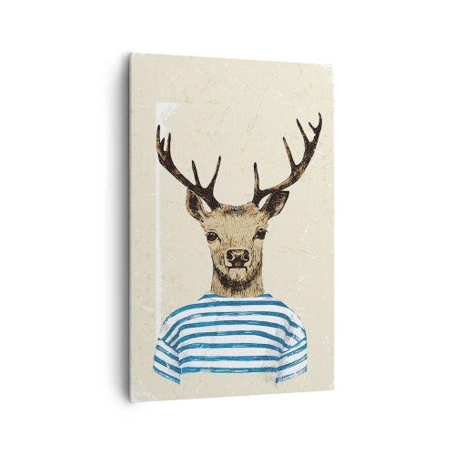 Cuadro sobre lienzo - Impresión de Imagen - Un ciervo con una camisa de rayas sobre un fondo claro con una textura delicada. - 80x120cm - Porque me gustan las camisas de rayas - Decoración de pared moderna para salón y dormitorio ARTTOR