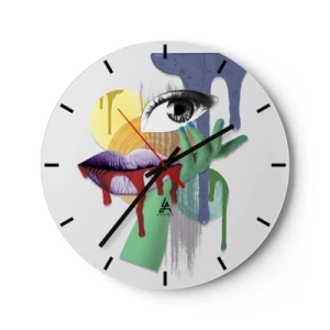 Reloj de pared - Reloj de vidrio - Abstracción expresiva con ojo, boca y elementos coloridos. - 30x30cm - Un retrato deconstruido - Decoración de pared moderna para salón, cocina y dormitorio ARTTOR