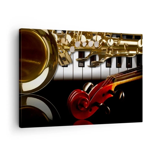 Cuadro sobre lienzo - Impresión de Imagen - Un saxofón dorado, teclas de piano y un violín rojo. - 70x50cm - Chapa, madera y marfil - Decoración de pared moderna para salón y dormitorio ARTTOR